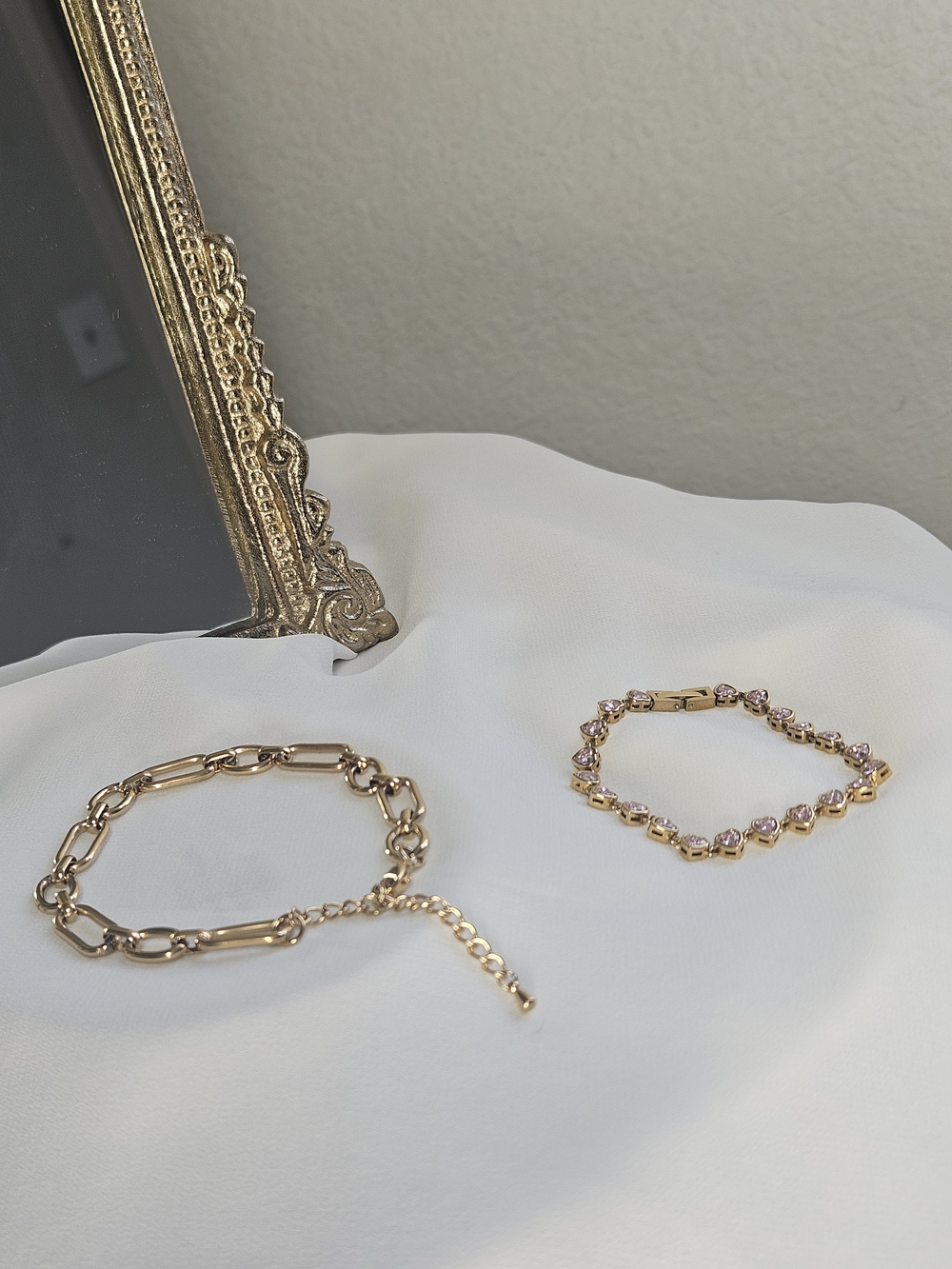 Gold Chain & Pink Stone Bracelet Set